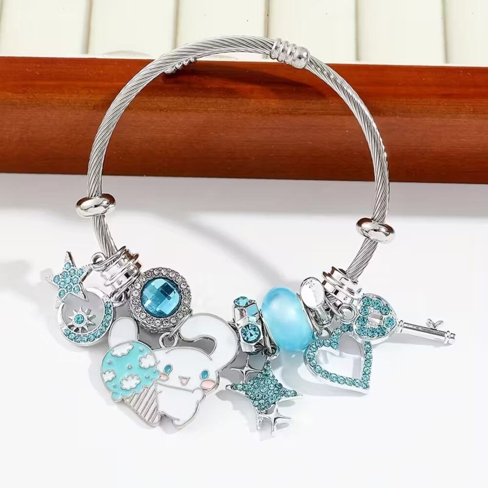 Silver Blue Charm Bracelet Kawaii Cloud Moon Star Heart Key Adjustable Jewelry